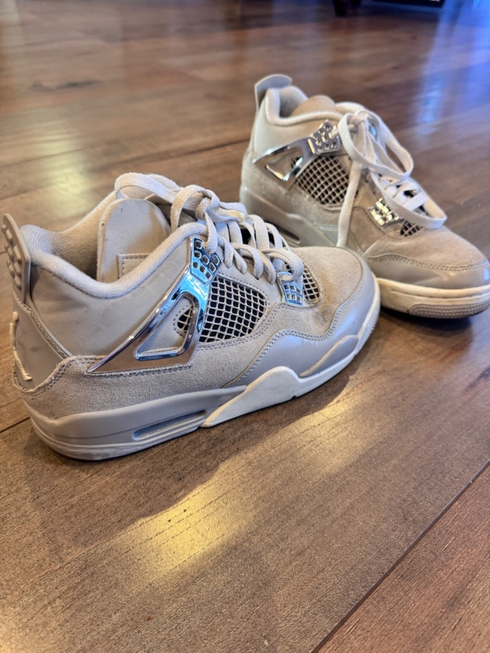 Women’s Jordan 4’s Frozen Moments Neutral Grey Suede with Metallic Accents